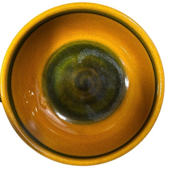 Landert 20 Two Tone Mustard Yellow Green Stripe Fondue Casserole Stoneware Pot - Picture 3 of 11